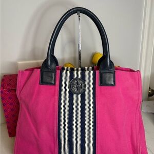 Tory Burch Center Stripe Ella Tote Bougainville Pink